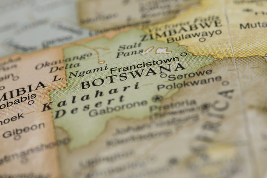 Macro of Botswana on a globe, narrow depth of field