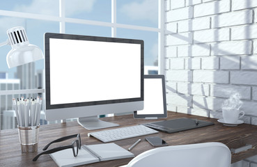 3D illustration PC screen on table in office, Workspace
