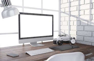 3D illustration PC screen on table in office, Workspace