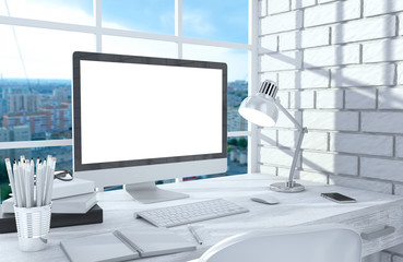 Fototapeta premium 3D illustration PC screen on table in office, Workspace