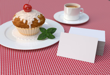 Red Cherry cupcake with white, blank business cards. Mockup