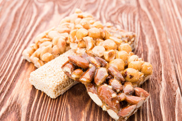 Peanut brittle sweet hard on wooden table