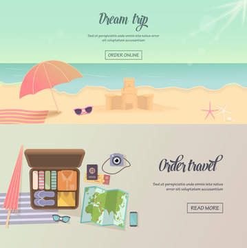 Summer holidays, beach labels, umbrella and castle illustration