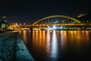 Fort Pitt Bridge at night, seen from Point State Park, in Pittsb