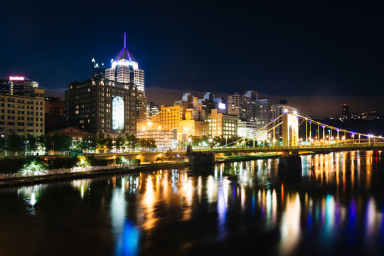 The Andy Warhol Bridge and skyline at night, in Pittsburgh, Penn