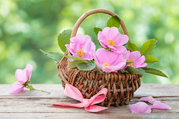 Fototapeta na wymiar Wicker basket with wild rose flowers. Wedding or birthday decora