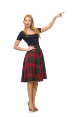 Fototapeta premium Beautiful young woman in plaid dress isolated on white