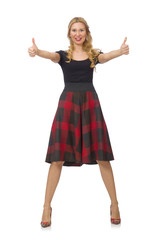 Fototapeta premium Beautiful young woman in plaid dress isolated on white