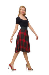 Beautiful young woman in plaid dress isolated on white