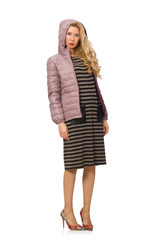 Pretty woman in winter lilac jacket isolated on white