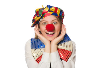 Pretty female clown isolated on white