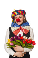Fototapeta na wymiar Pretty female clown with flowers isolated on white