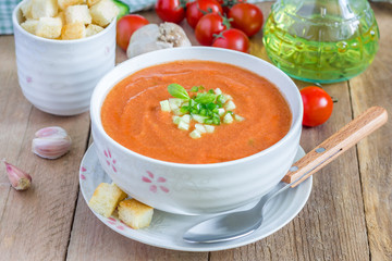 Cold tomato soup gazpacho in a bowl with croutons