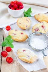 Sugar powdered madeleines with raspberry