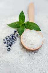 Spa, Scented Sea salt, mint and lavender, Selective focus