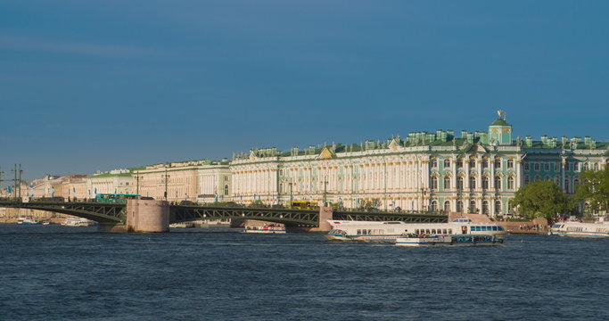 View Winter Palace in Saint Petersburg from Neva river. Russia. 4K. 4096x2160