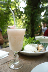 Sweet lychee frappe drinks on the dining table