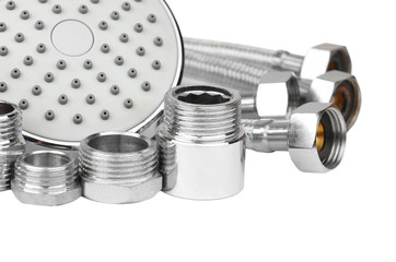Plumbing fitting, hosepipe and showerhead, isolated on white background