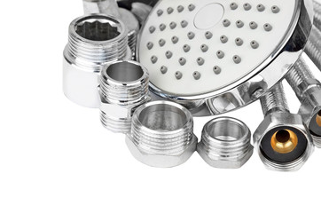 Plumbing fitting, hosepipe and showerhead, isolated on white background