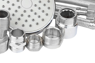 Plumbing fitting, hosepipe and showerhead, isolated on white background