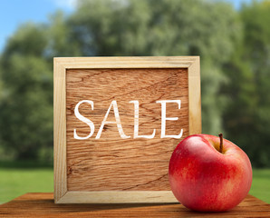 Red apple with wooden frame