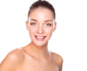 Obraz premium Close up portrait of beautiful young woman face. Isolated on