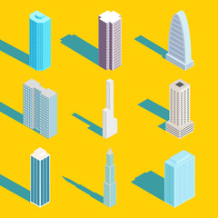 Skyscrapers, vector isometric city buildings