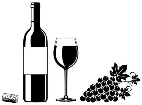 SET: Weinflasche, Weinglas, Weintrauben, Korken / Vektor