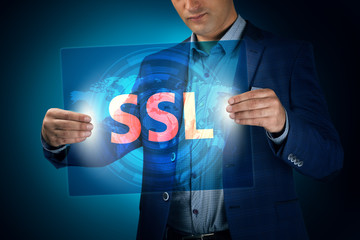 Businessman holding a transparent screen with an inscription a s