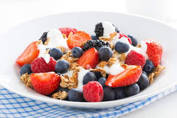 fresh berries, yogurt and muesli for breakfast