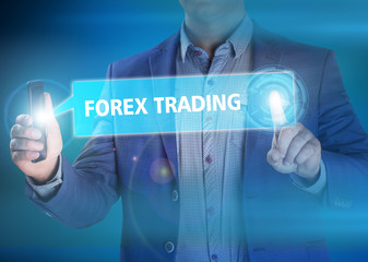 Businessman presses button forex trading on virtual screens. Bus