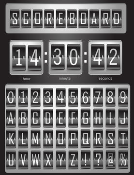 Scoreboard, sports board with a full set of English alphabet and numbers from 1 to 9 in black and white colors. Vector illustration