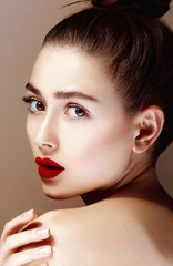 Fototapeta premium Portrait of sensual girl with bright red lips. Natural makeup