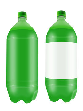 Green soda drink in two liter plastic bottles.
