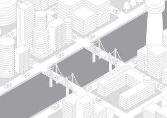 City Landscape(river and bridge), line drawing illustration