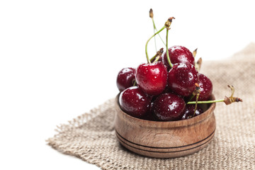 cherries in wooden bowl close-up