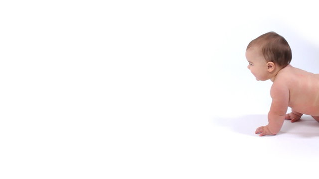 Baby on white background crawling