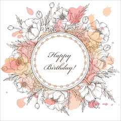 Vintage elegant greeting card with graphic flowers (trollius). Vector illustration with watercolor background.