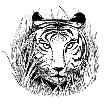 Black and white vector sketch of a tiger's face.