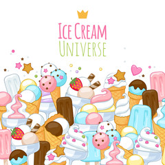 Colorful sweet ice cream icons background.