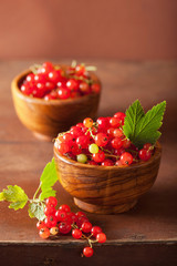 fresh redcurrant in bowls over rustic wooden background