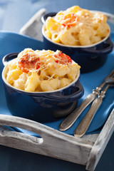 baked macaroni with cheese in blue casserole