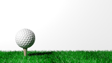 Golf ball on green turf isolated on white background