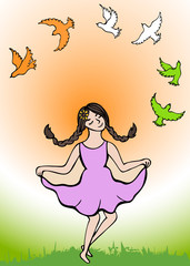 girl releasing pigeon for freedom