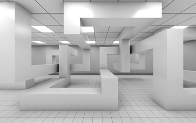 Office interior with chaotic geometric installation, 3d