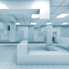 Office interior with chaotic geometric installation, 3 d