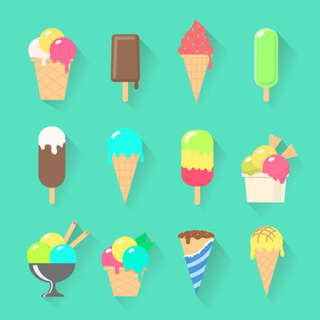 Set of ice cream icons in flat style on a stick,   waffle cup