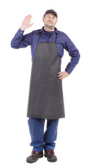 Worker wearing black apron.