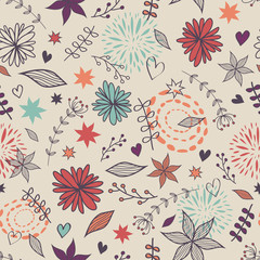 Vector cute seamless floral pattern with flowers, leaves, hearts