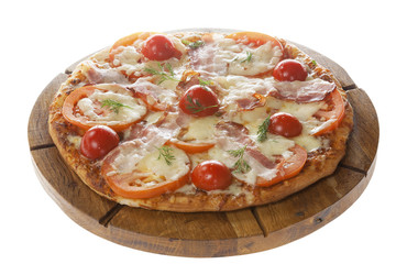 Pizza with bacon, feta and tomato. Isolated on white.